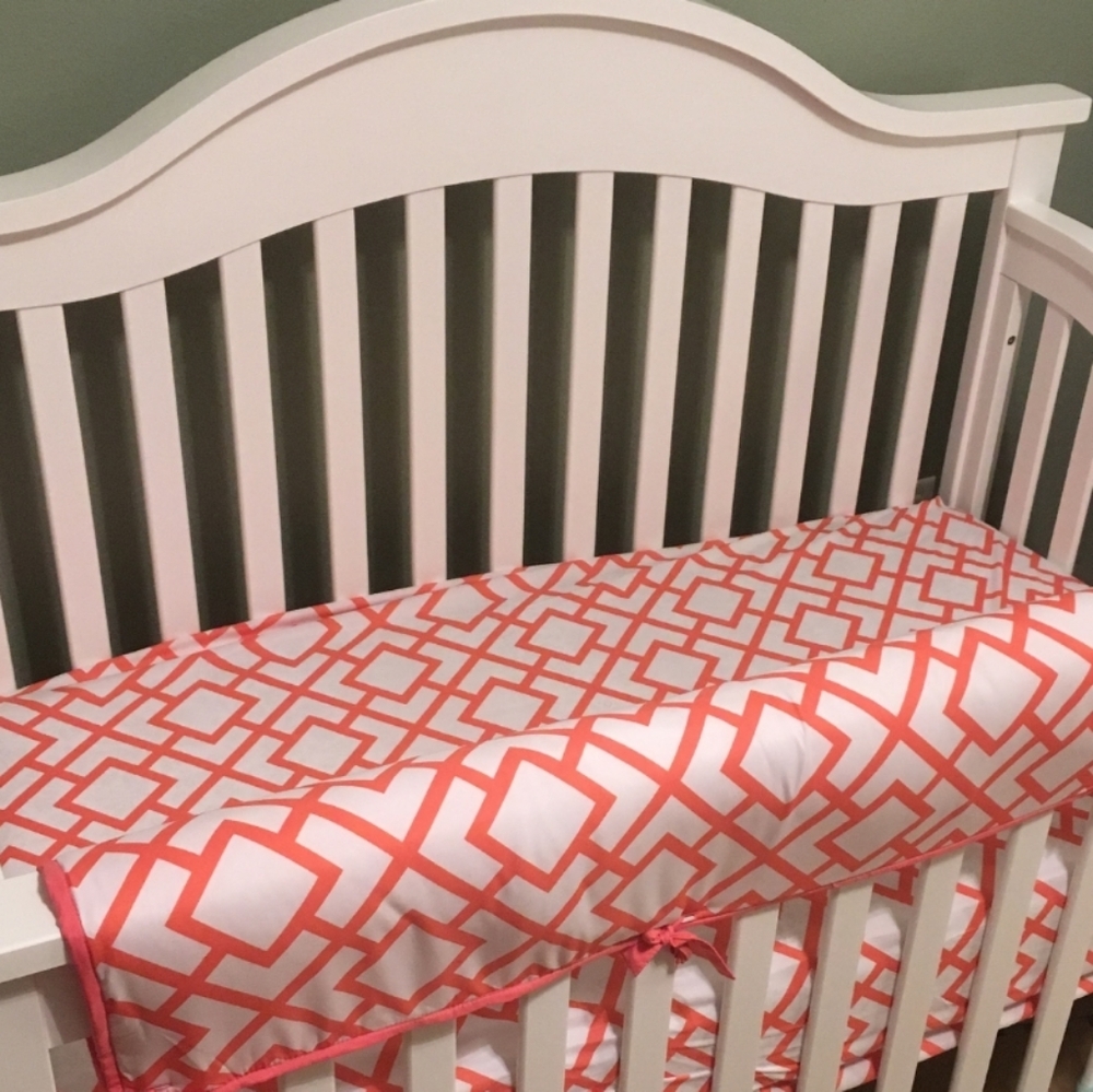 Coral and White Crib Sheet and Rail Cover